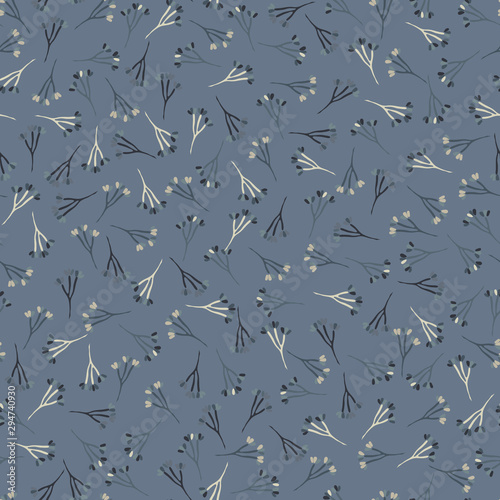Winter Grey Garden Sprig Seamless Pattern. Tossed Hand Drawn Flower Seed Stem for Trendy Background. Steel Gray Cool Blue Muted Tone. All Over Print for Ditsy Prairie Style Textile. Vector Tile Eps10