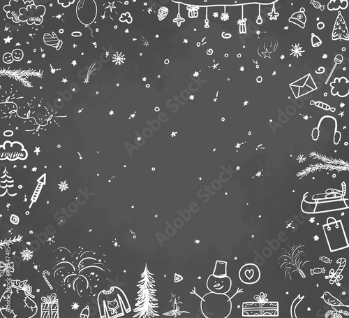 Hand drawn christmas background. Abstract chalkboard. Sketchy background with holiday elements. Design for your business. Black and white illustration
