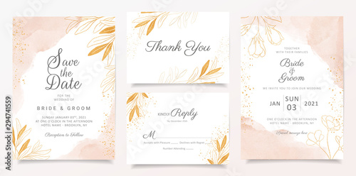 Watercolor creamy wedding invitation card template set with golden floral decoration. Abstract background save the date, invitation, greeting card, multi-purpose vector