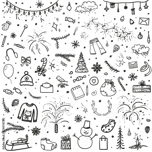 Hand drawn christmas elements. Abstract holiday signs and shapes. Sketchy background with different elements. Design for your business. Black and white illustration