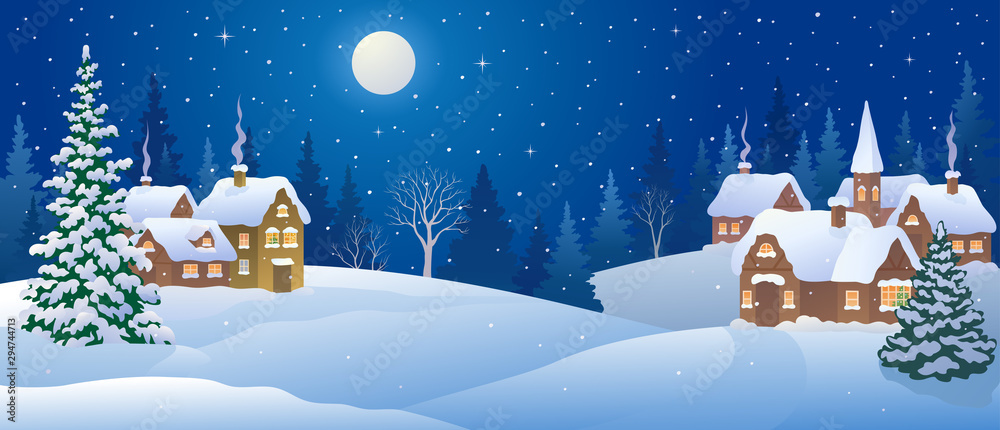 Plakat Christmas night village, snowy landscape panorama