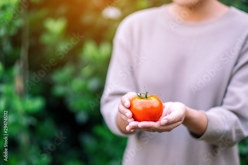 A woman holding a fresh tomato in hands