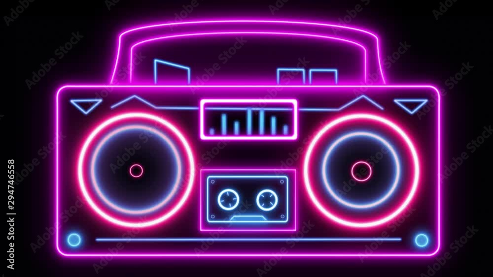 1980s style ghetto blaster with looping vibrating speakers and rolling cassette player