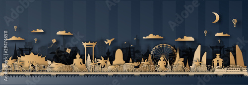 Thailand Travel postcard panorama, poster, tour advertising of world famous landmarks of Thailand in paper cut style.