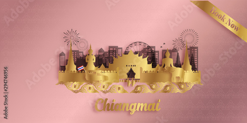 Chiang Mai Thailand Travel postcard panorama, poster, tour advertising of world famous landmarks of Thailand in paper cut style.