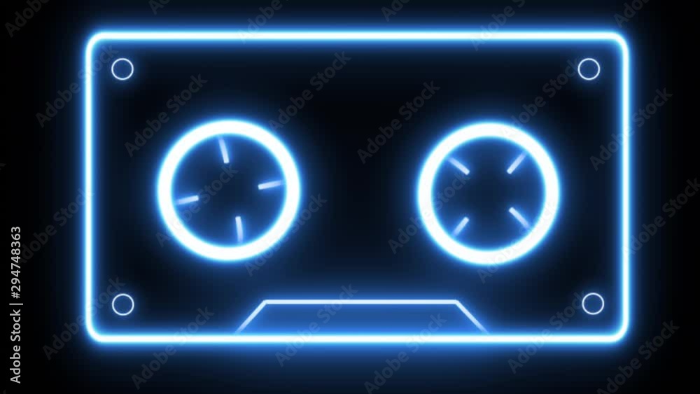 Retro neon cassette tape looping. 1980s / 1990s themed background