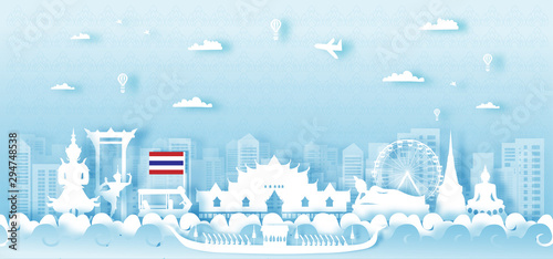  Thailand Travel postcard panorama, poster, tour advertising of world famous landmarks of Thailand in paper cut style.