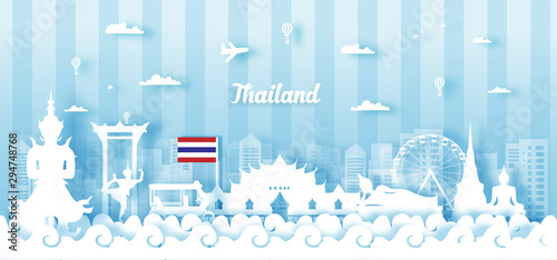  Thailand Travel postcard panorama, poster, tour advertising of world famous landmarks of Thailand in paper cut style.