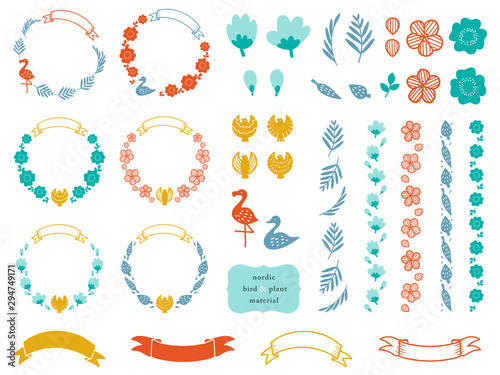 北欧風の鳥と植物のセット