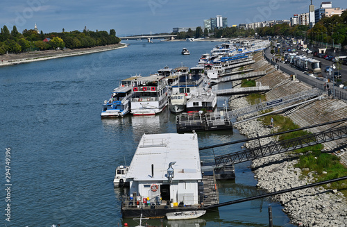 Photography Houseboats and Marina on the Danube River in the Outskirts of Budapest Hungary