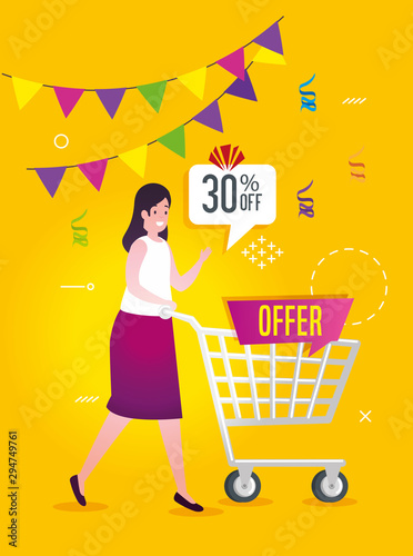 commercial label with offer lettering and woman vector illustration design