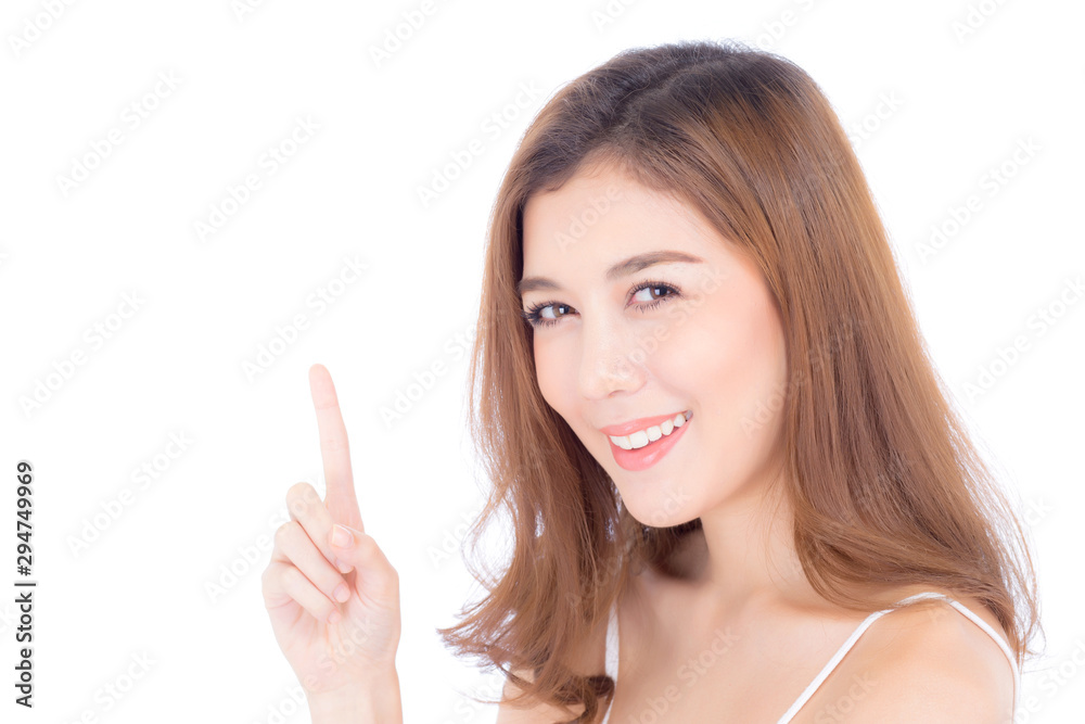 Portrait of beautiful asian woman makeup of cosmetic, beauty of girl with face smile and finger point something attractive isolated on white background, perfect with wellness and healthcare concept. Portrait of beautiful asian woman makeup of cosmetic, beauty of girl with face smile and finger point something attractive isolated on white background, perfect with wellness and healthcare concept.