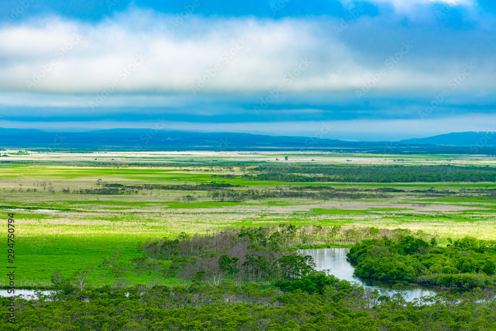 Obraz premium Kushiro Shitsugen national park in Hokkaido in summer day, view from Hosooka observation deck, the largest wetland in Japan. The park is known for its wetlands ecosystems
