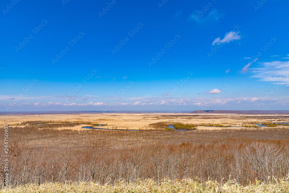 Kushiro Shitsugen national park in Hokkaido in spring day, view from Hosooka observation deck, the largest wetland in Japan. The park is known for its wetlands ecosystems