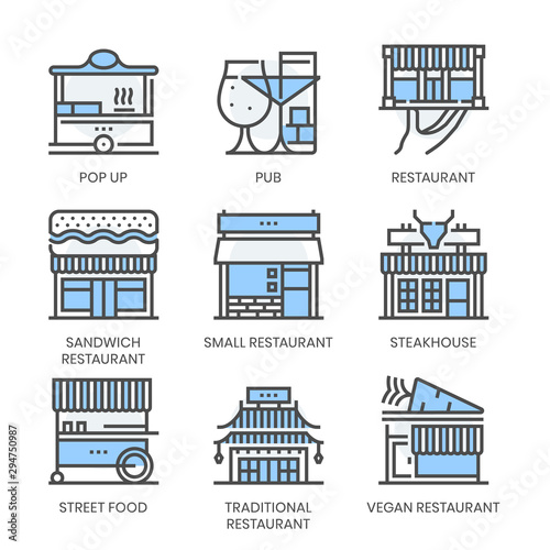 Restaurant types related, square line color vector icon set for applications and website development. The icon set is editable stroke, pixel perfect and 64x64.