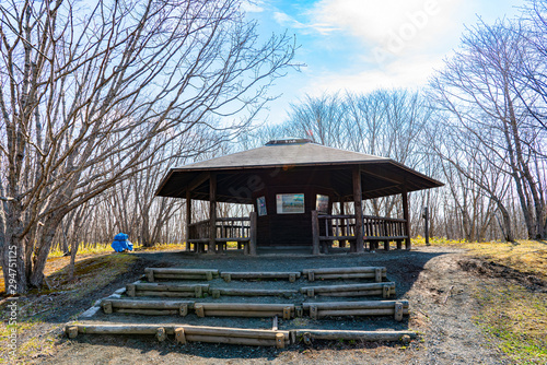 Hosooka observation deck in Kushiro Shitsugen national park in spring day. The largest wetland in Japan. The park is known for its wetlands ecosystems. Kushiro, Hokkaido, Japan photo