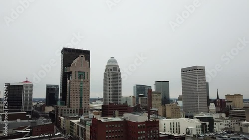 4k aerial view from drone of downtown Louisville, Kentucky, USA on a winter day
