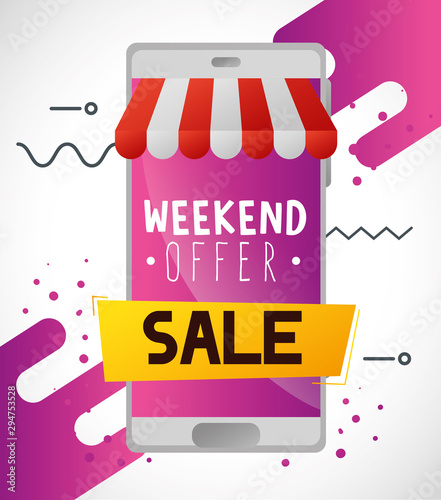 commercial label with weekend offer lettering and smartphone vector illustration design