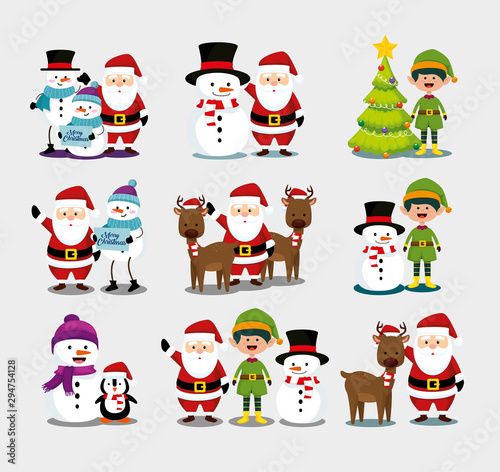 bundle christmas with santa claus and set characters vector illustration design