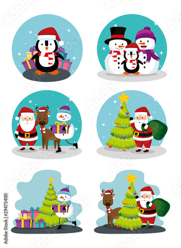 bundle christmas scenes with set icons vector illustration design