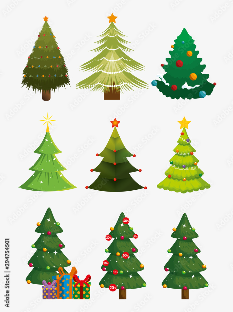 bundle christmas trees with set icons vector illustration design
