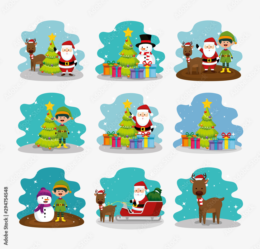 Naklejka premium bundle christmas with snowman and set characters vector illustration design