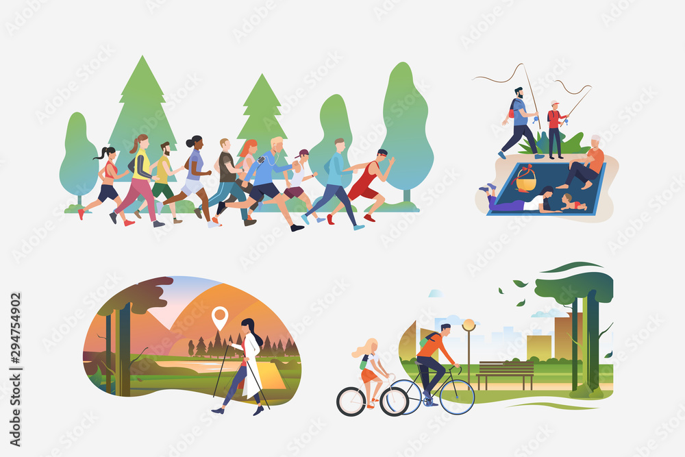 Plakat Active people illustration collection. People running marathon, hiking, enjoying picnic, riding bikes in city. Activity concept. Vector illustration for posters, banners, flyers