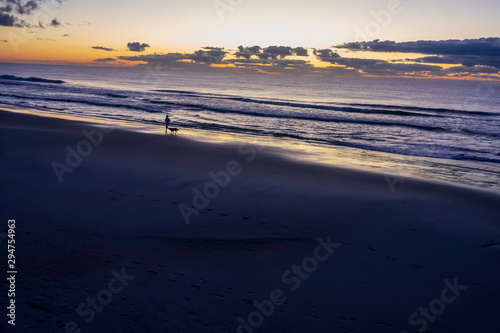 A runner and a dog on a sandy beach at sunrise as ocean waves lap against the shoreline