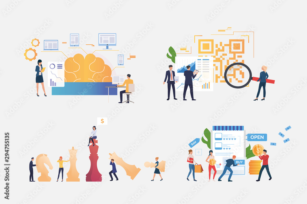 Plakat Business project management illustration set. People playing chess, buying goods in internet store, presenting reports. Business concept. Vector illustration for posters, presentations, landing pages