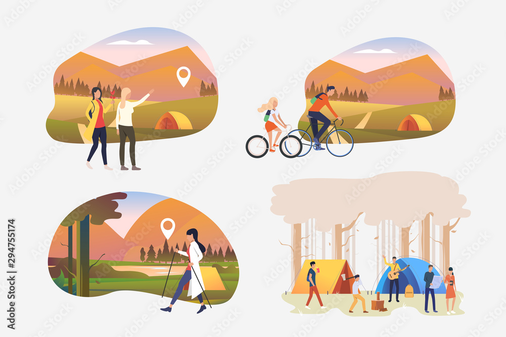 Plakat Camping illustration set. People enjoying hiking, Nordic walking, riding bikes outdoors. Activity concept. Vector illustration for posters, banners, flyers