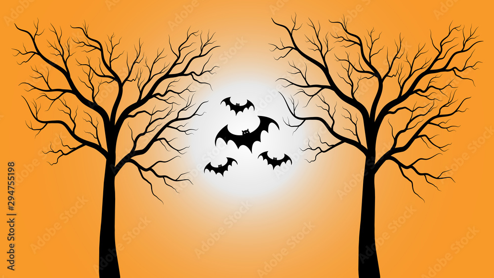 Halloween scary background. Spooky forest with full moon and flying bats. Celebration theme.