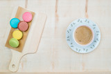 The background is full of desserts, macarons and delicious coffee.
