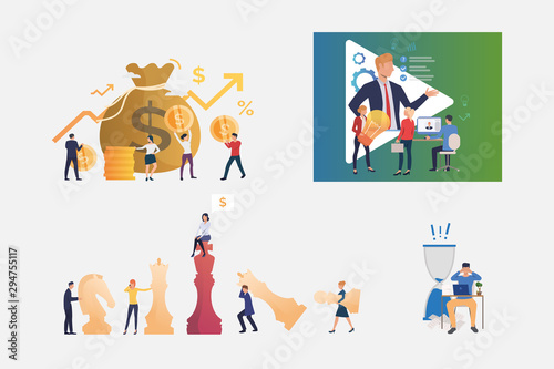 Business professionals illustration collection. People investing money, playing chess, discussing startup ideas. Business concept. Vector illustration for posters, presentations, landing pages