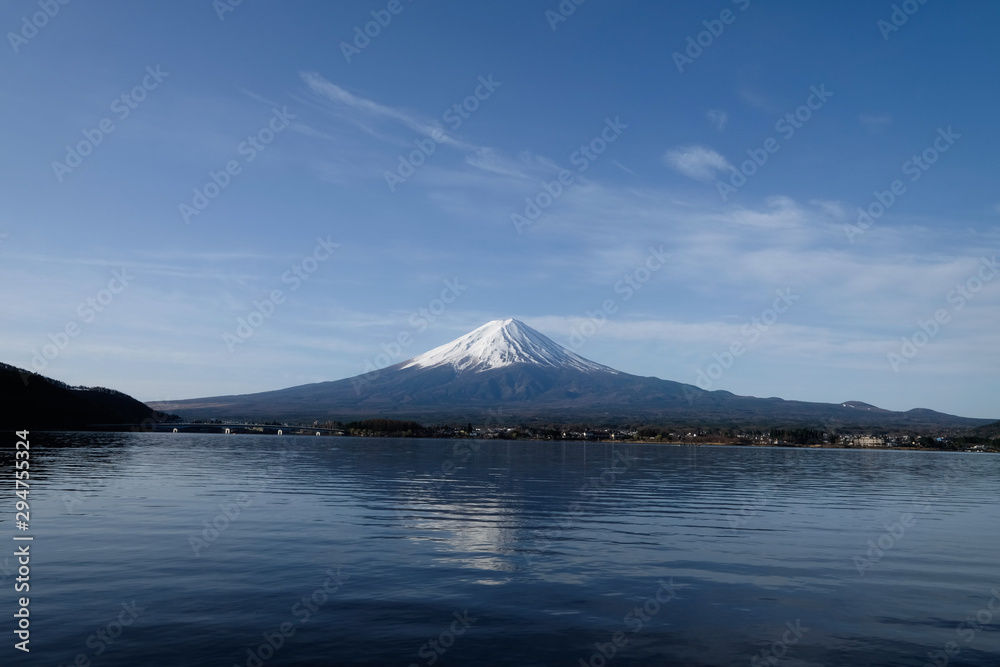 Mountain fuji background , reflection of mt.Fuji at lake kawaguchi one of the fuji five lakes in Japan