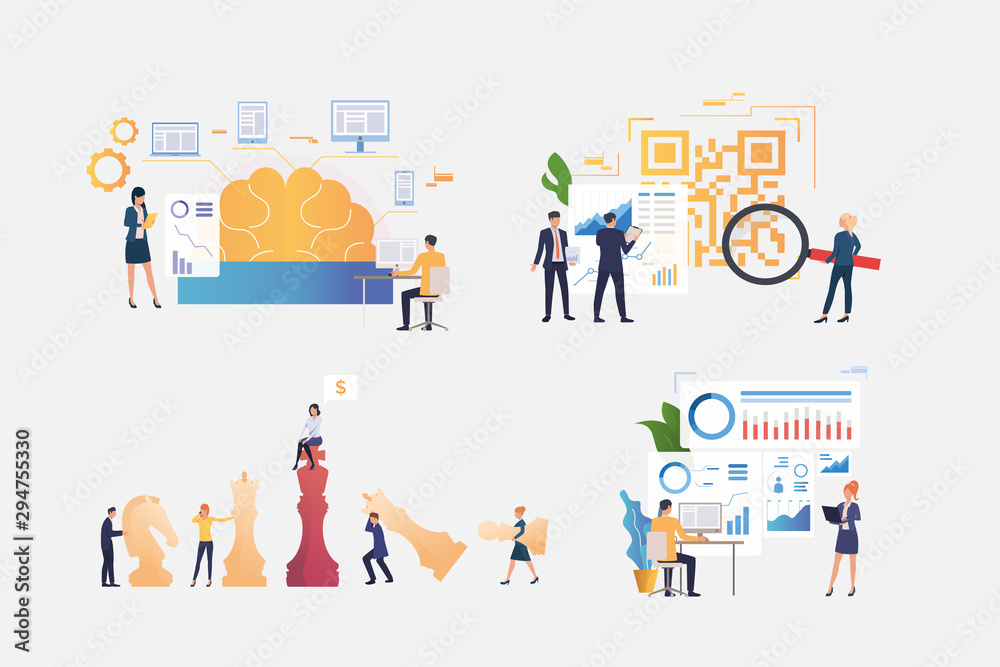 Plakat Marketing analysis illustration set. People presenting infographics and reports, studying brainwork and new ideas. Business concept. Vector illustration for banners, layouts, website design