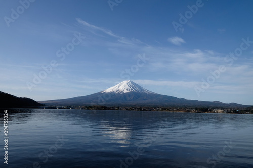 Mountain fuji background , reflection of mt.Fuji at lake kawaguchi one of the fuji five lakes in Japan