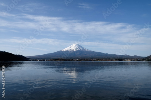 Mountain fuji background   reflection of mt.Fuji at lake kawaguchi one of the fuji five lakes in Japan