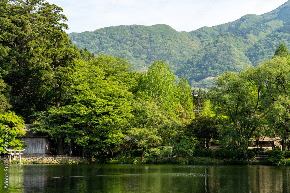 Kirinko green lake on Mount Yufu background in sunny day,famous park in  Yufuin Cho Kawakami, Yufu, Oita Prefecture,Japan