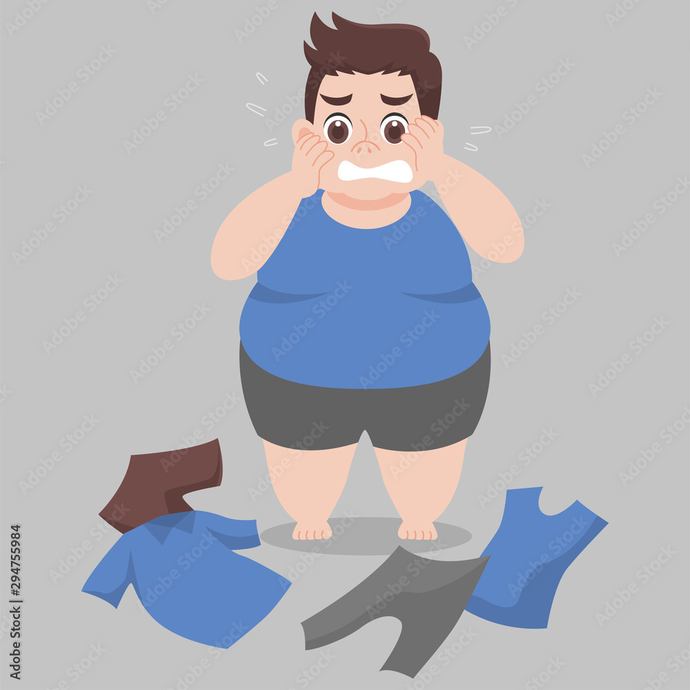 Big Fat Man cannot wearing her clothes because she is too fat,tight, fit,  too small, body over weight, sad, afraid, unhappy, big size, diet cartoon  lose weight, Lifestyle healthy Healthcare concept Stock