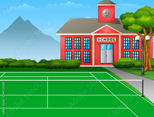 Outdoors tennis court with the school building