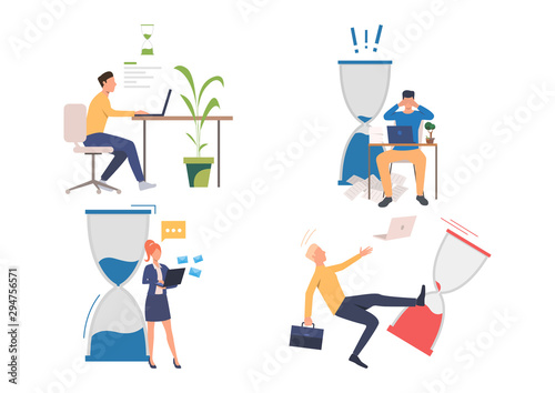 Office workers illustration set. Employees and freelancer using laptops, checking email box, missing deadlines. Business concept. Vector illustration for posters, presentations, landing pages