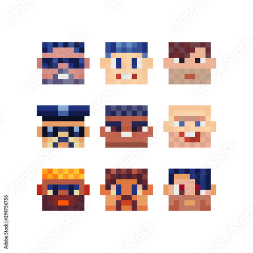 Abstract avatar profile faces, pixel art people characters set design, funny guy, man and boy colorful vector graphic minimalistic style illustration. Design for sticker, web, logo