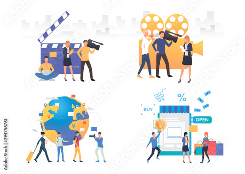 Reporters illustration set. Man and woman using camcorder, taking notes, asking customers for survey. Business concept. Vector illustration for posters, presentations, landing pages