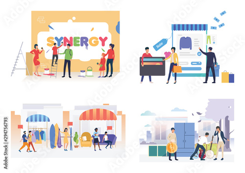 Sale illustration set. People painting word Synergy, buying items at garage sales. Shopping concept. Vector illustration for posters, presentations, landing pages