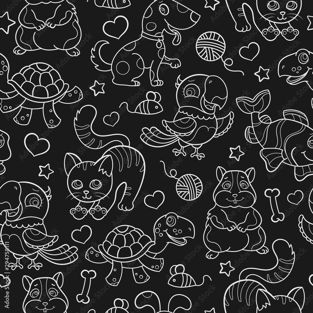 Seamless pattern with cute Pets, light outlines on dark background Seamless pattern with cute Pets, light outlines on dark background