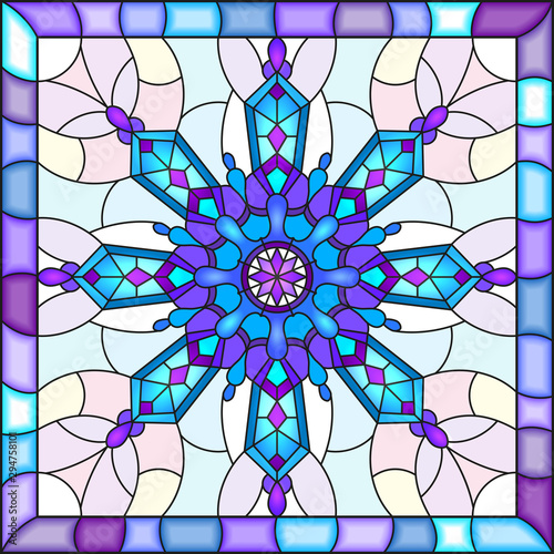 Illustration in stained glass style with snowflake in blue colors in a bright frame 
