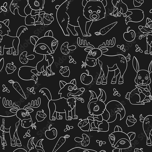 Seamless pattern with cartoon forest animals, contoured light beasts on dark background
