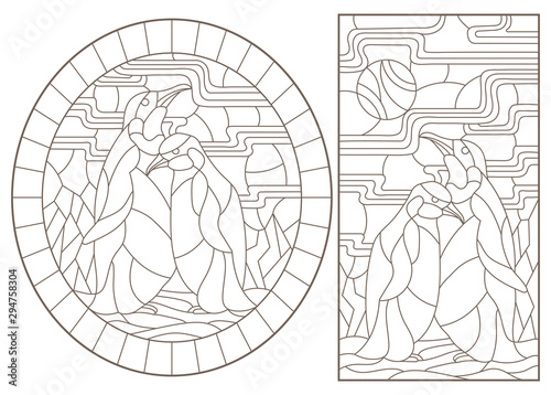 Set of outline illustrations of stained glass Windows with a pair of penguins, dark outlines on white background