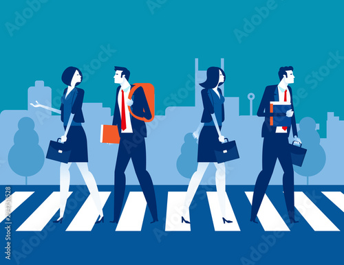 Urban people cross road at crosswalk. Concept business people vector illustration, Sidewalk, Pedestrian.