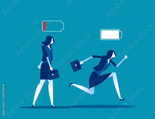 Business person with full energy and tired. Concept business powerful vector illustration, Charge and uncharged battery
